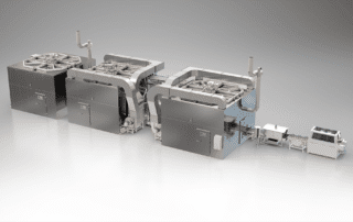 Industrial printing press machinery in factory setting.
