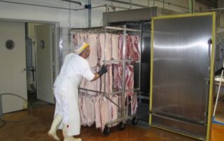 Worker inspecting meat in a food processing plant.